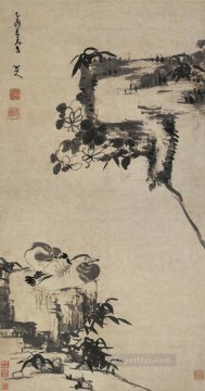  antigua Pintura - roca de bambú y patos mandarines tinta china antigua